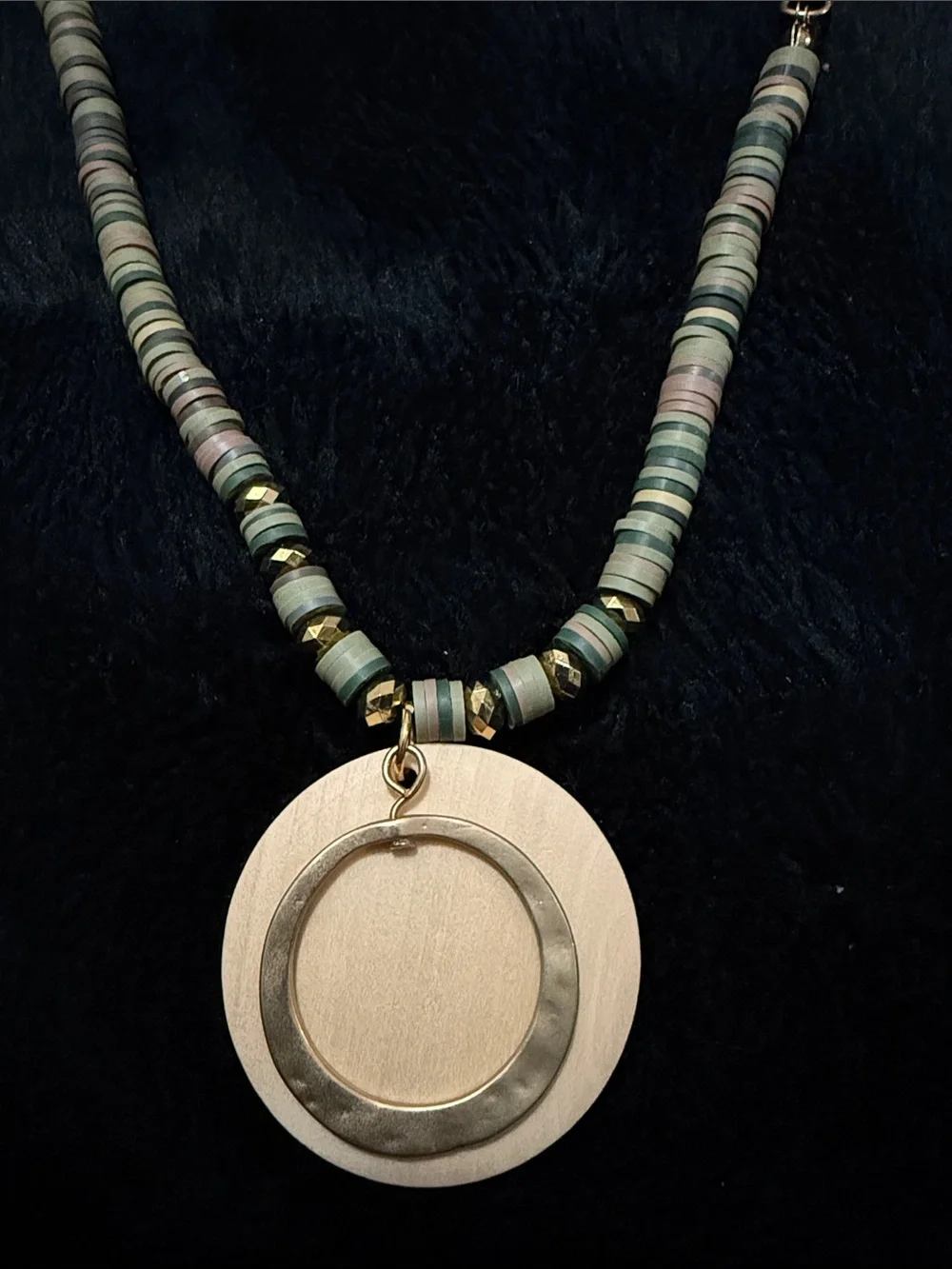 Ashley Cooper Green Beaded Necklace with Gold Wooden Pendant